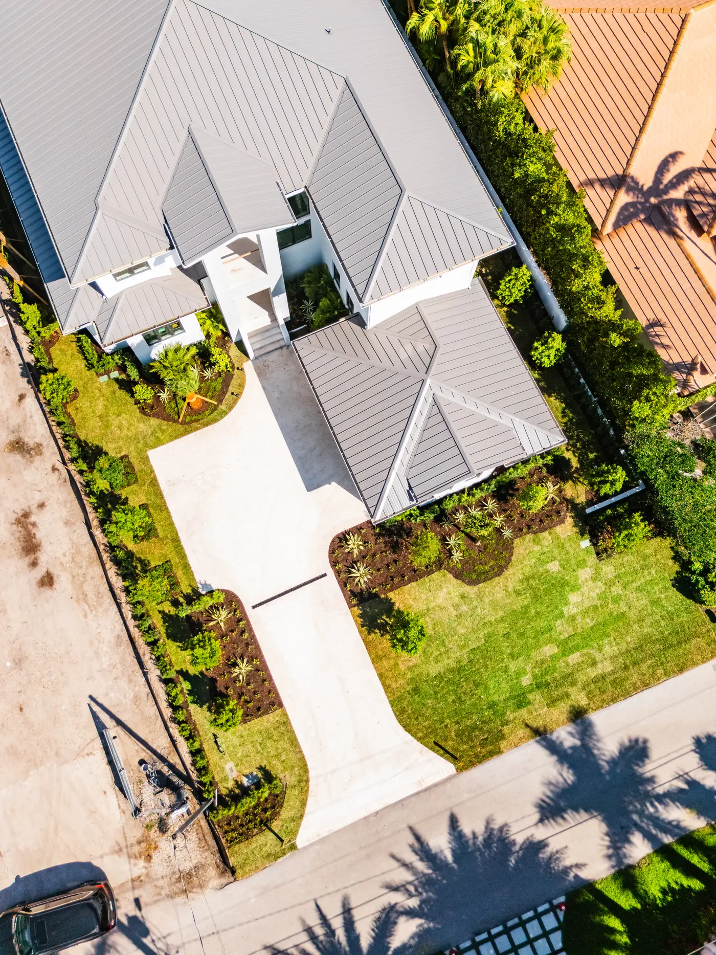 Aerial view of a completed residential landscape installation